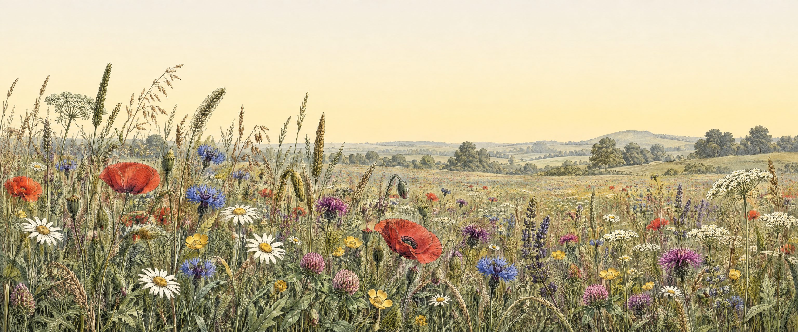 A hand-tinted engraving of a wildflower meadow at morning: poppies, ox-eye daisies, cornflowers, clover, knapweed and tall seeding grasses, with rolling hills and trees in the haze
